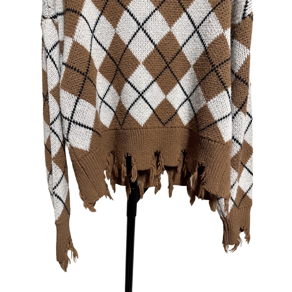 Forever 21 Dark Academia Soft‎ Grunge Brown Argyle Distressed Knit Sweater Small - Picture 3 of 6